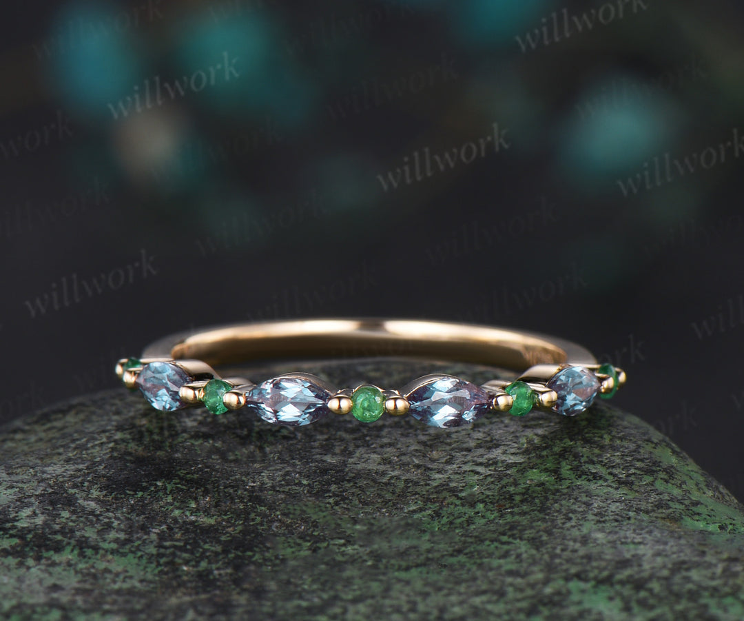 Cushion cut alexandrite Solitaire engagement ring set solid 14k yellow gold Proposal unique wedding ring set women