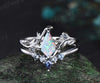 Vintage kite cut Opal engagement ring set 14k white gold kite Alexandrite band dainty opal ring unique bridal wedding ring set women
