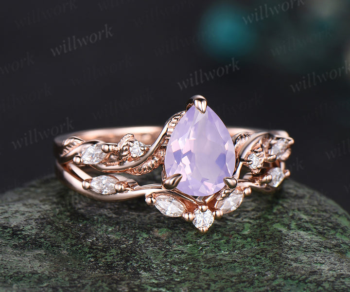 Vintage pear Cut Lavender Amethyst Engagement Ring Set Moissanite Cluster Wedding Ring 14k Rose Gold 2pcs Bridal Ring Set