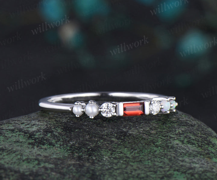 Dainty Baguette cut red garnet wedding band white gold 7 stone pearl opal Minimalist Multi-Stone Ring anniversary ring women gift