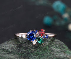 14K Gold Multi- Birthstone Cluster Ring Emerald Ring Ruby Anniversary Ring Blue Sapphire Engagement Ring for anniversary