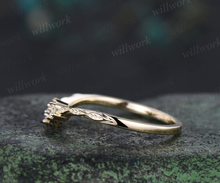 Minimalist curved diamonds wedding band leaf band enhancer unique stackable ring bridal gifts