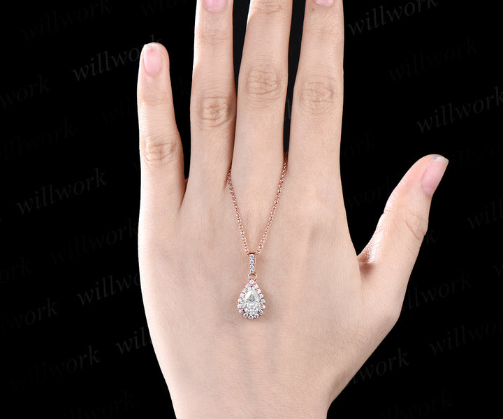Pear shaped moissanite  Necklace Solid 14k Rose Gold Vintage Unique Halo Diamond Necklace Pendant Women June Birthstone Anniversary Gift