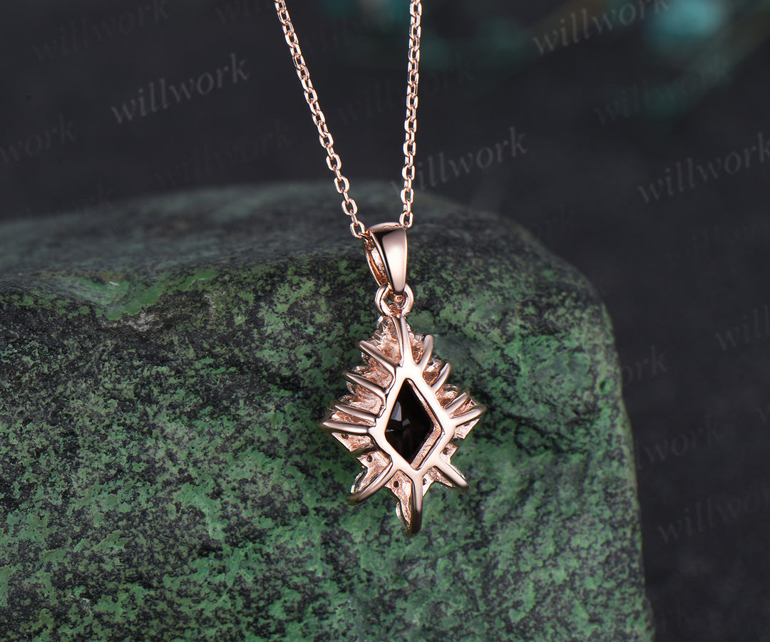 Kite cut black Onyx necklace solid 14k 18k rose gold vintage unique halo diamond  pendant for women her art deco anniversary gift mother
