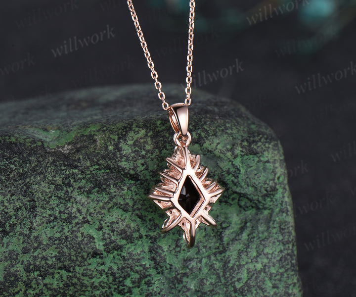Kite cut black Onyx necklace solid 14k 18k rose gold vintage unique halo diamond  pendant for women her art deco anniversary gift mother