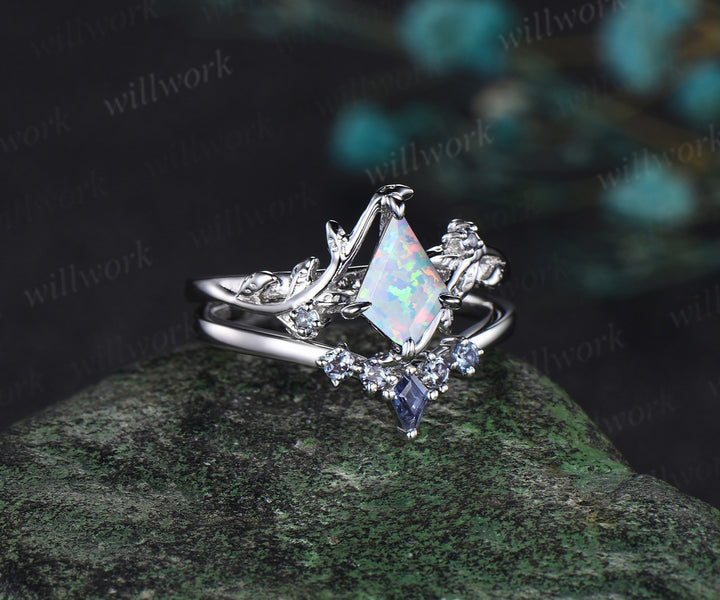 Vintage kite cut Opal engagement ring set 14k white gold kite Alexandrite band dainty opal ring unique bridal wedding ring set women