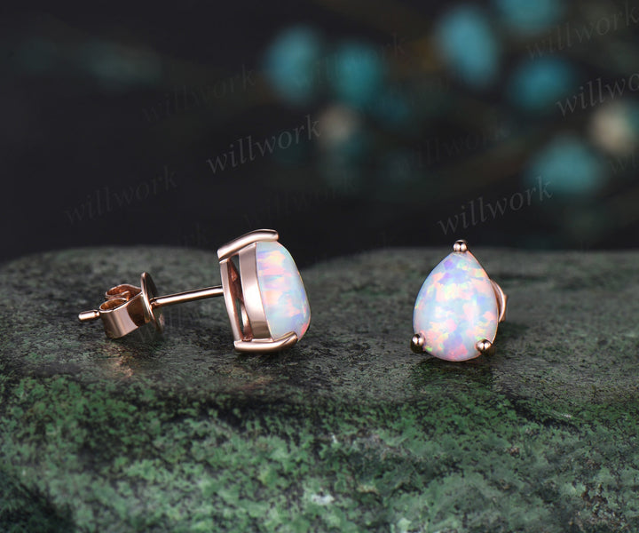 Pear shaped white opal earrings solid 14k rose gold Solitaire drop earrings women anniversary gift for her