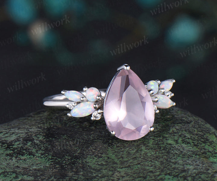 Pear shaped rose quartz engagement ring rose gold cluster opal ring women pink gemstone anniversary ring gift