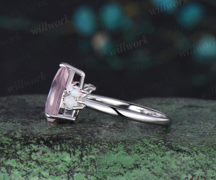 Pear shaped rose quartz engagement ring rose gold cluster opal ring women pink gemstone anniversary ring gift