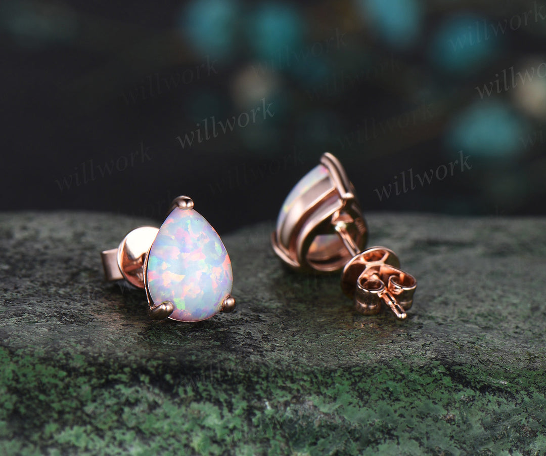 Pear shaped white opal earrings solid 14k rose gold Solitaire drop earrings women anniversary gift for her