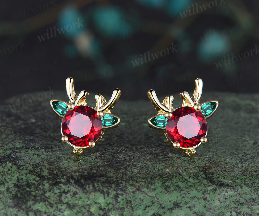 Christmas Deer Round Ruby Earrings 14k Yellow gold Emerald Earrings Jewelry Xmas Gift for Her