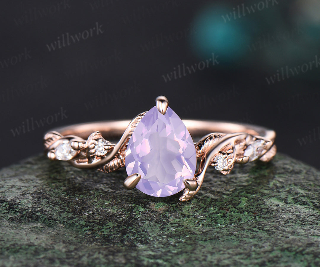 Vintage pear Cut Lavender Amethyst Engagement Ring Set Moissanite Cluster Wedding Ring 14k Rose Gold 2pcs Bridal Ring Set
