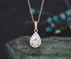 Pear shaped moissanite  Necklace Solid 14k Rose Gold Vintage Unique Halo Diamond Necklace Pendant Women June Birthstone Anniversary Gift