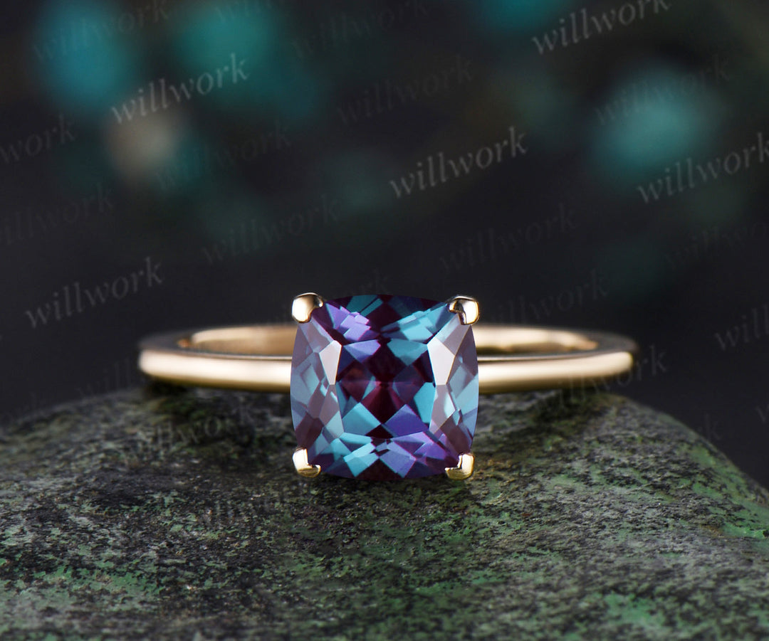 Cushion cut alexandrite Solitaire engagement ring set solid 14k yellow gold Proposal unique wedding ring set women