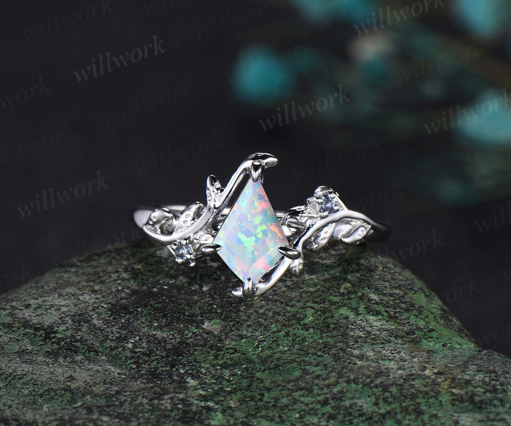 Vintage kite cut Opal engagement ring set 14k white gold kite Alexandrite band dainty opal ring unique bridal wedding ring set women