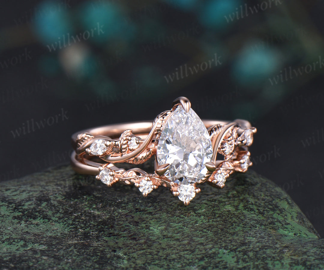 Pear shaped IGI Lab grown diamond engagement ring set rose gold branch leaf ring set antique promise wedding ring set women
