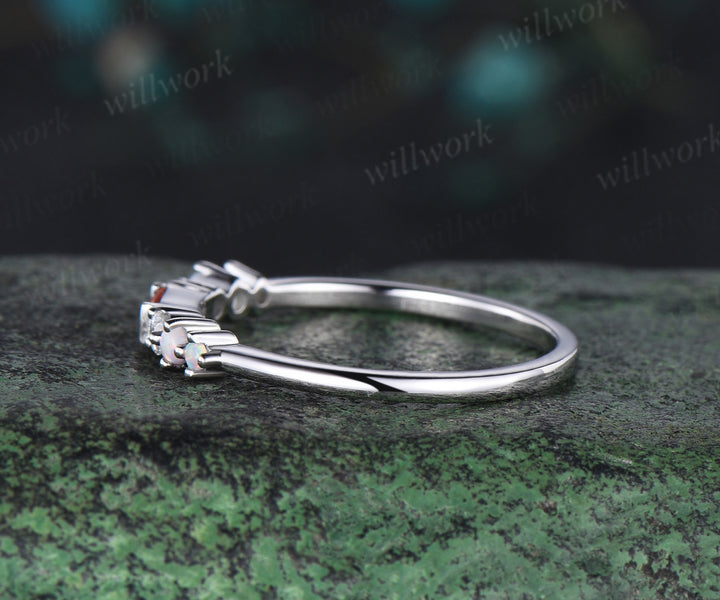 Dainty Baguette cut red garnet wedding band white gold 7 stone pearl opal Minimalist Multi-Stone Ring anniversary ring women gift