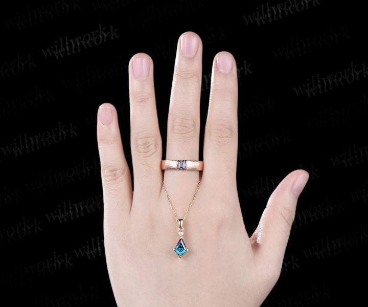 Enchanting Alexandrite Kite Pendant & Men's Baguette Ring 14K rose gold jewelry set Valentine's Day Exclusive Gift for her