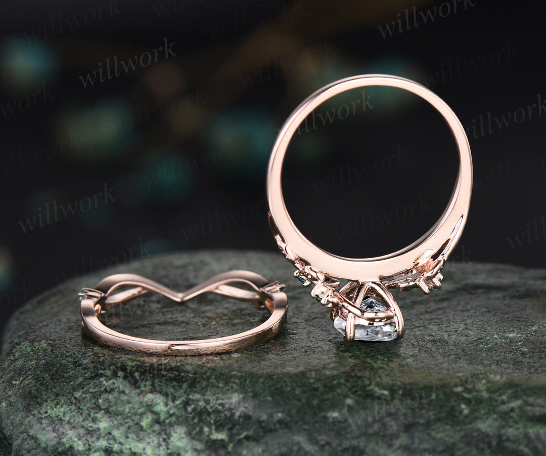 Oval Cut IGI Lab Grown Diamond Engagement Ring Set Twig Leaf Ring Art Deco Emerald Wedding Bridal Set