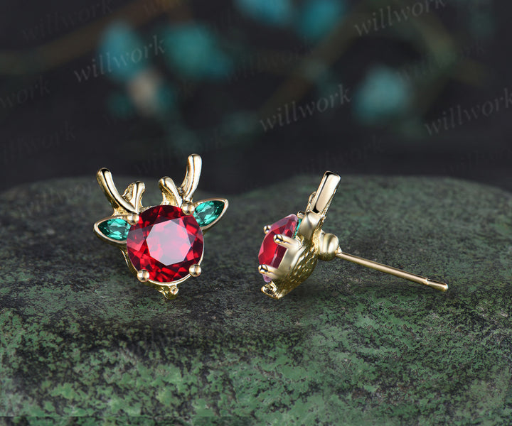 Christmas Deer Round Ruby Earrings 14k Yellow gold Emerald Earrings Jewelry Xmas Gift for Her