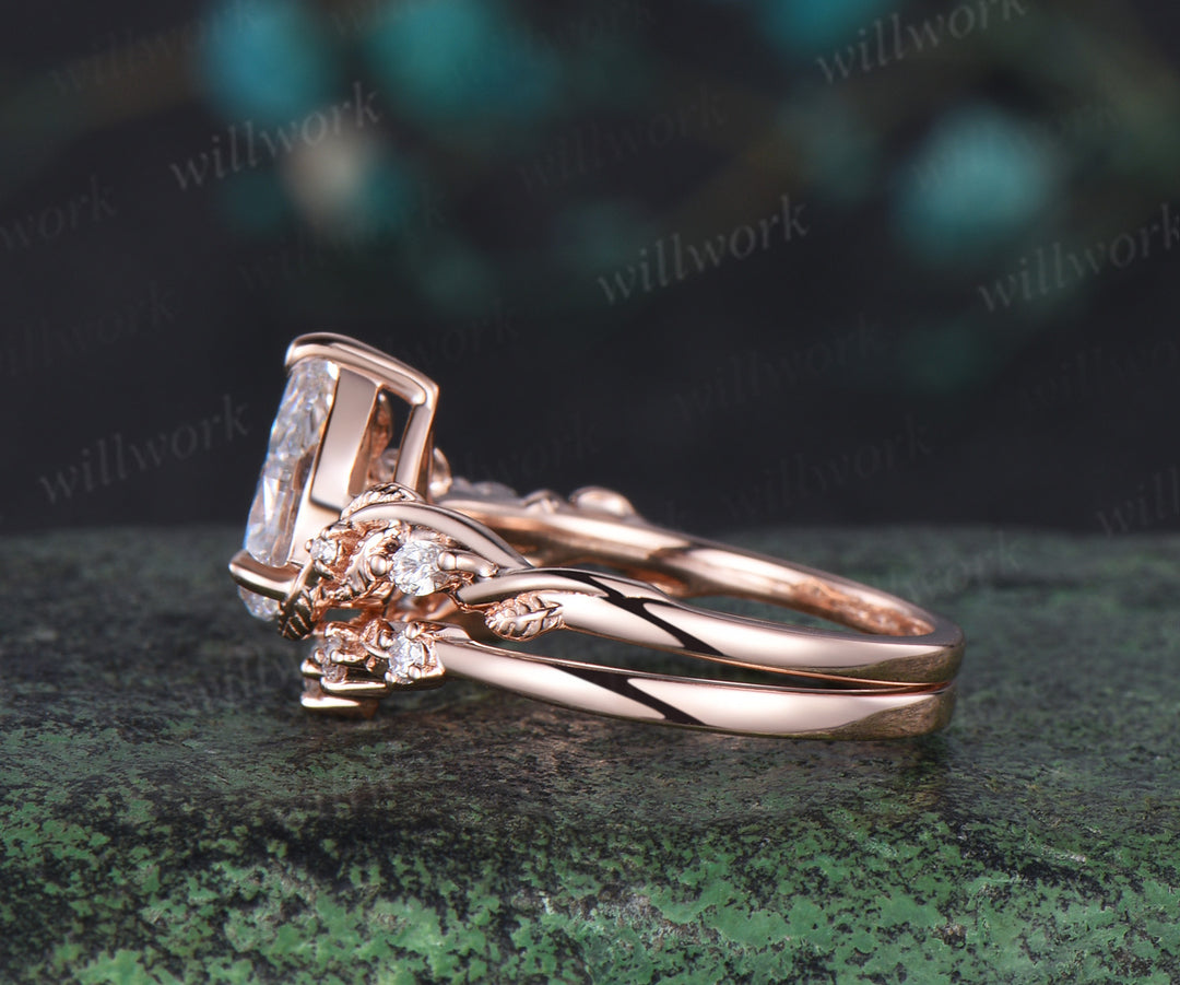 Pear shaped IGI Lab grown diamond engagement ring set rose gold branch leaf ring set antique promise wedding ring set women