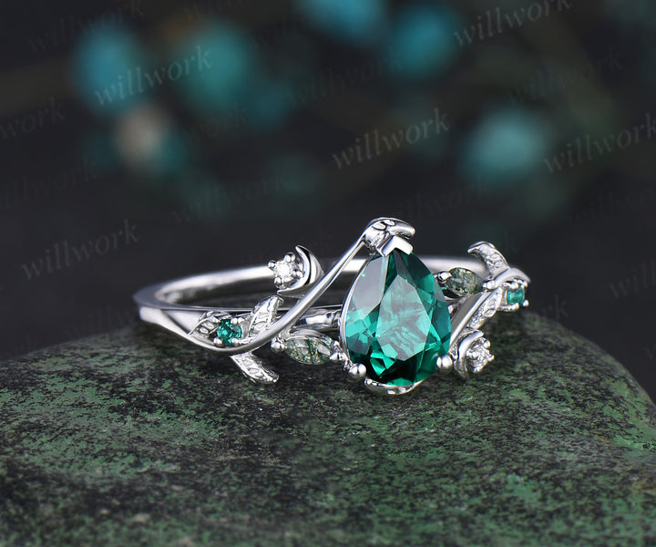 Pear shaped green emerald engagement ring white gold heart leaf moon nature inspired emerald bridal wedding ring set women jewelry gift