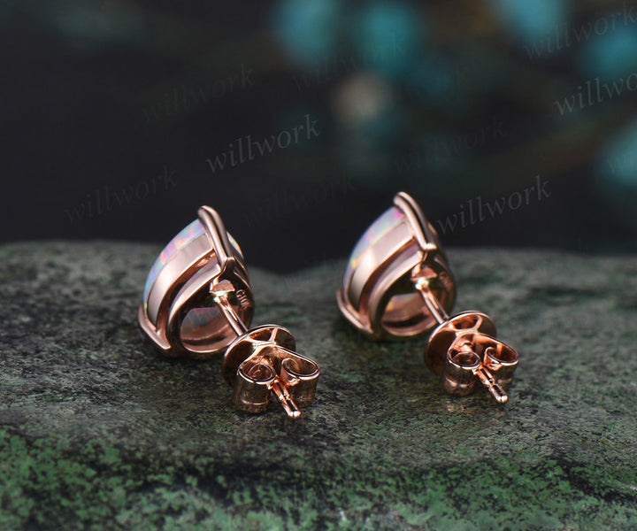 Pear shaped white opal earrings solid 14k rose gold Solitaire drop earrings women anniversary gift for her