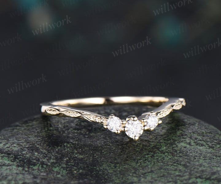 Minimalist curved diamonds wedding band leaf band enhancer unique stackable ring bridal gifts