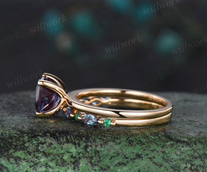 Cushion cut alexandrite Solitaire engagement ring set solid 14k yellow gold Proposal unique wedding ring set women
