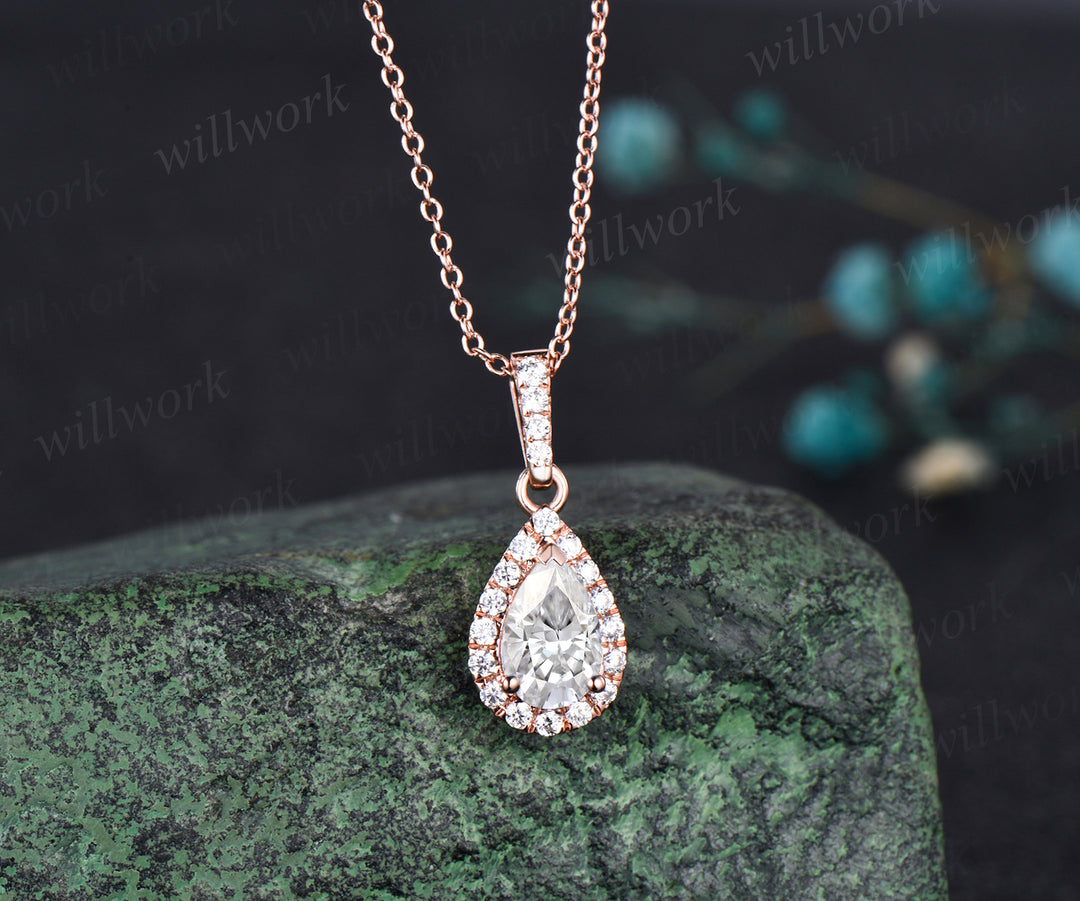 Pear shaped moissanite  Necklace Solid 14k Rose Gold Vintage Unique Halo Diamond Necklace Pendant Women June Birthstone Anniversary Gift