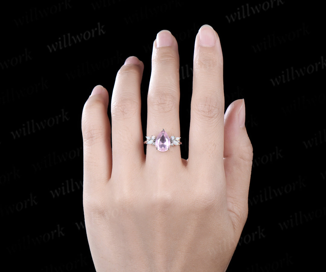 Pear shaped rose quartz engagement ring rose gold cluster opal ring women pink gemstone anniversary ring gift