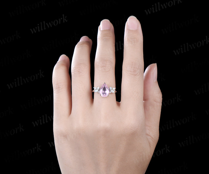 Pear shaped rose quartz engagement ring rose gold cluster opal ring women pink gemstone anniversary ring gift