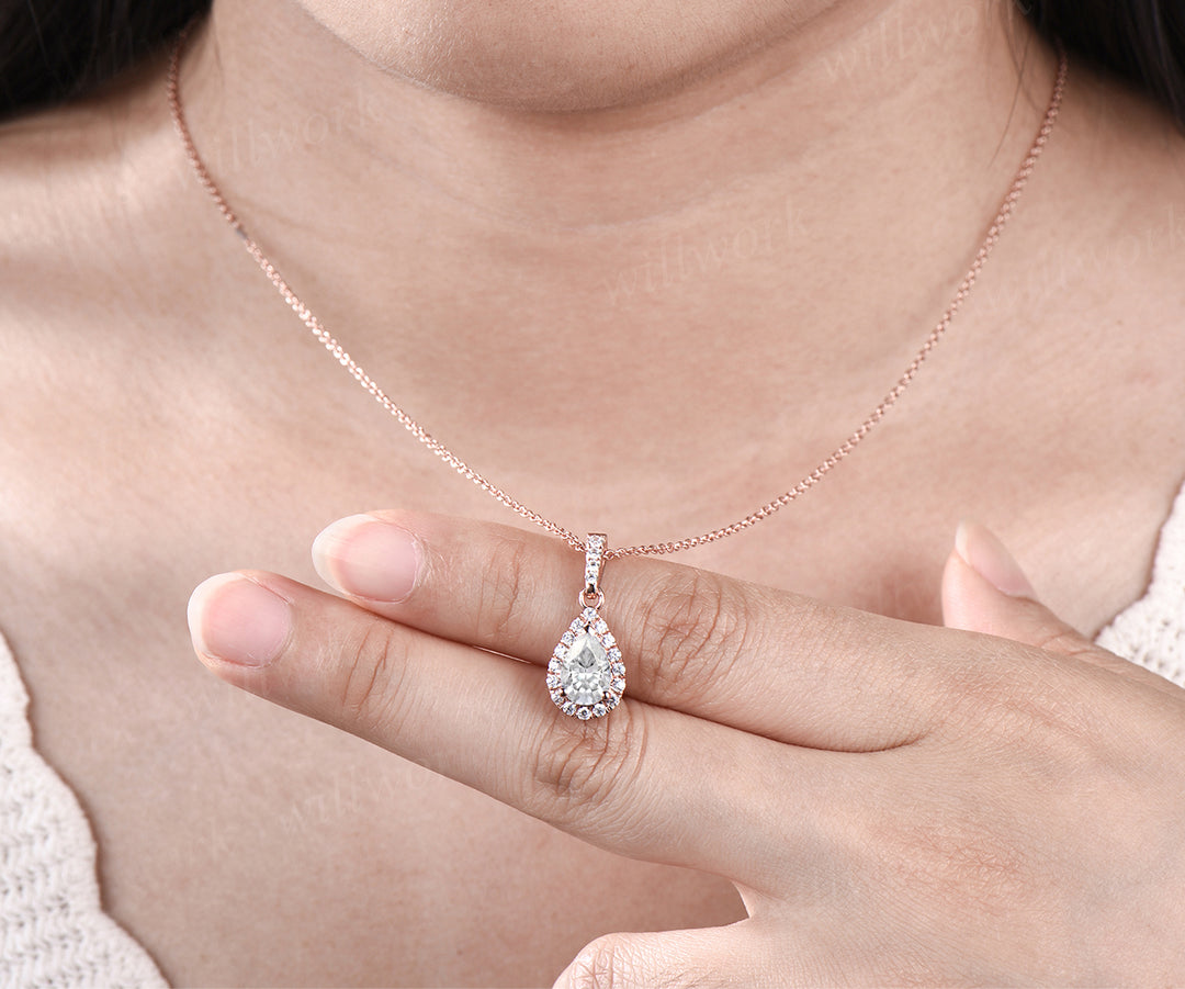 Pear shaped moissanite  Necklace Solid 14k Rose Gold Vintage Unique Halo Diamond Necklace Pendant Women June Birthstone Anniversary Gift