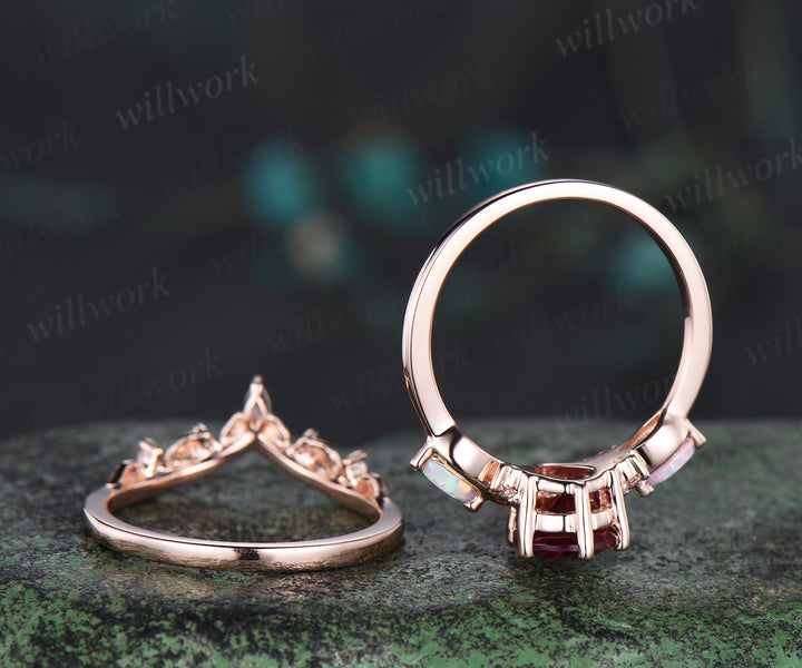 Vintage Pear Cut Ruby Engagement Ring Set 14k Rose Gold Red Gemstone July Birthstone Ruby Ring Opal Leaf Wedding Band 2pcs Bridal Ring Set