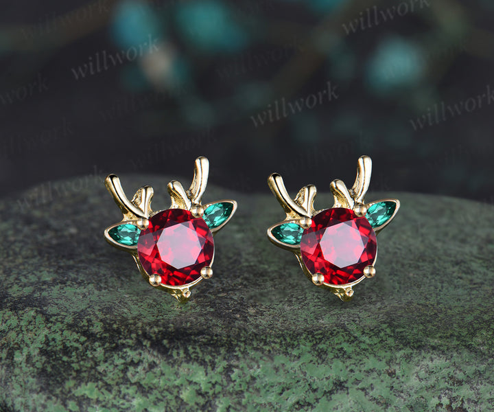 Christmas Deer Round Ruby Earrings 14k Yellow gold Emerald Earrings Jewelry Xmas Gift for Her