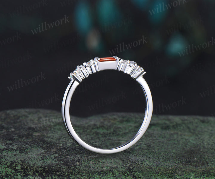 Dainty Baguette cut red garnet wedding band white gold 7 stone pearl opal Minimalist Multi-Stone Ring anniversary ring women gift