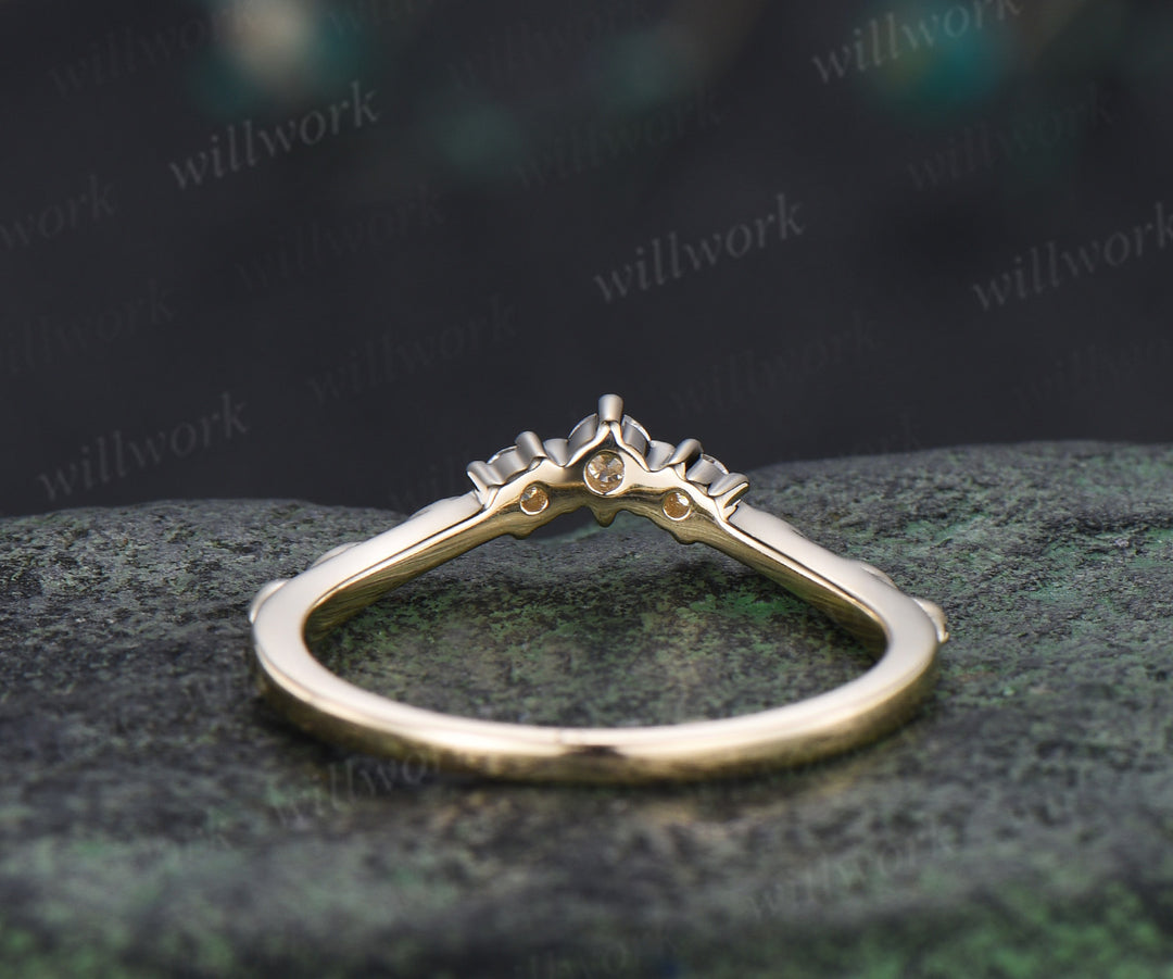 Minimalist curved diamonds wedding band leaf band enhancer unique stackable ring bridal gifts