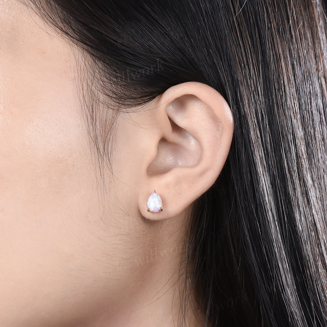 Pear shaped white opal earrings solid 14k rose gold Solitaire drop earrings women anniversary gift for her