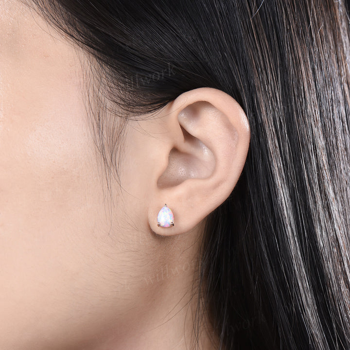 Pear shaped white opal earrings solid 14k rose gold Solitaire drop earrings women anniversary gift for her