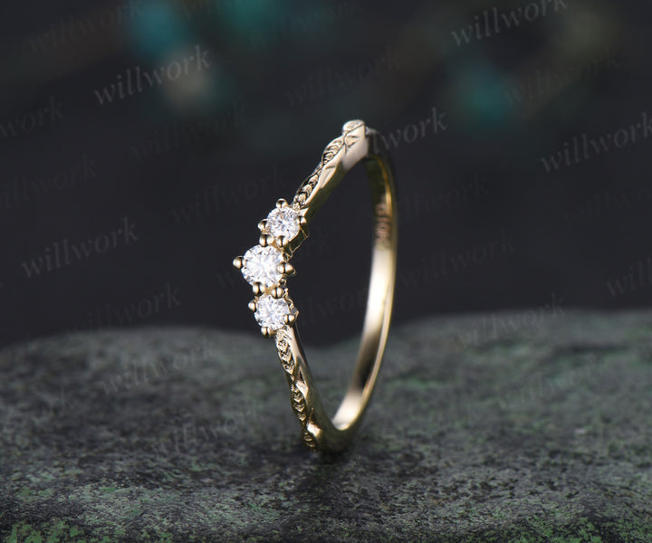 Minimalist curved diamonds wedding band leaf band enhancer unique stackable ring bridal gifts