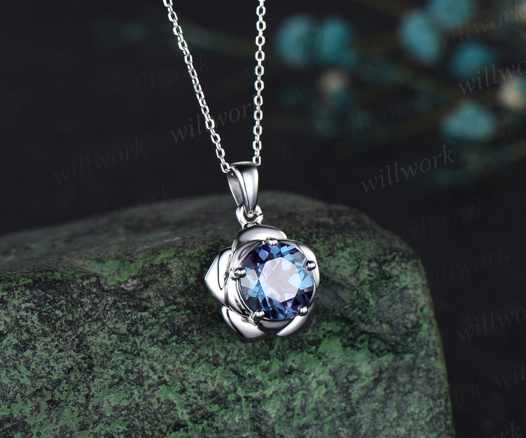 2ct Round Cut Alexandrite Necklace Solid 14k 18k White Gold Gold Vintage Unique Personalized 5 Prong Floral Pendant For Women Her Gemstone Anniversary Bridal Gift Mother