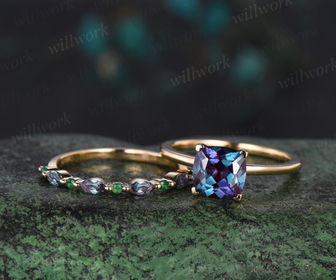 Cushion cut alexandrite Solitaire engagement ring set solid 14k yellow gold Proposal unique wedding ring set women