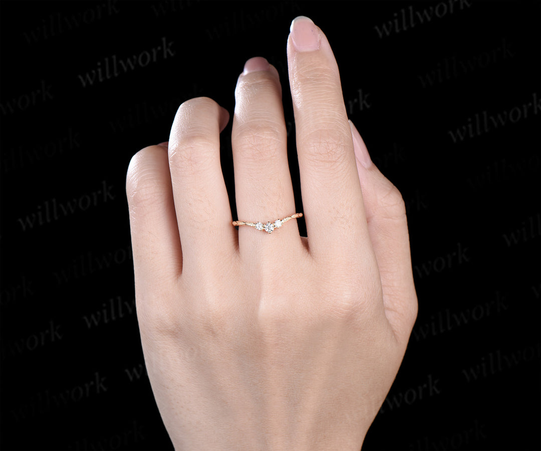Minimalist curved diamonds wedding band leaf band enhancer unique stackable ring bridal gifts