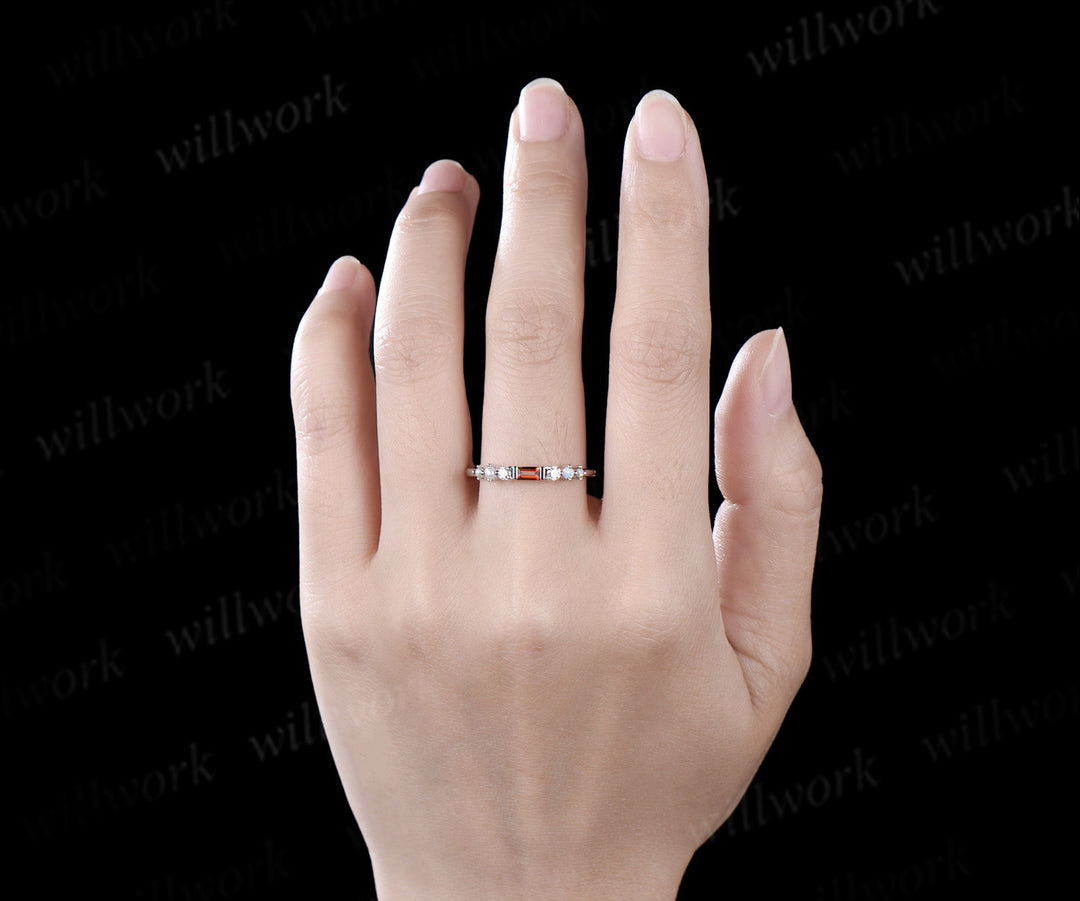 Dainty Baguette cut red garnet wedding band white gold 7 stone pearl opal Minimalist Multi-Stone Ring anniversary ring women gift