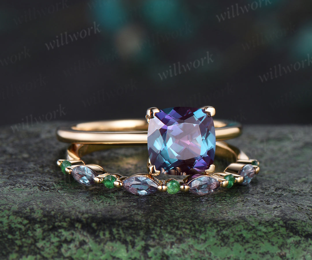 Cushion cut alexandrite Solitaire engagement ring set solid 14k yellow gold Proposal unique wedding ring set women