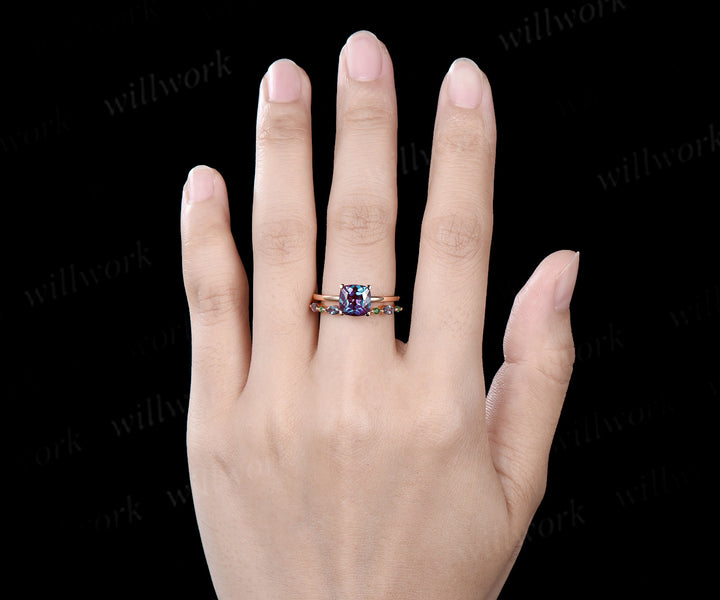 Cushion cut alexandrite Solitaire engagement ring set solid 14k yellow gold Proposal unique wedding ring set women