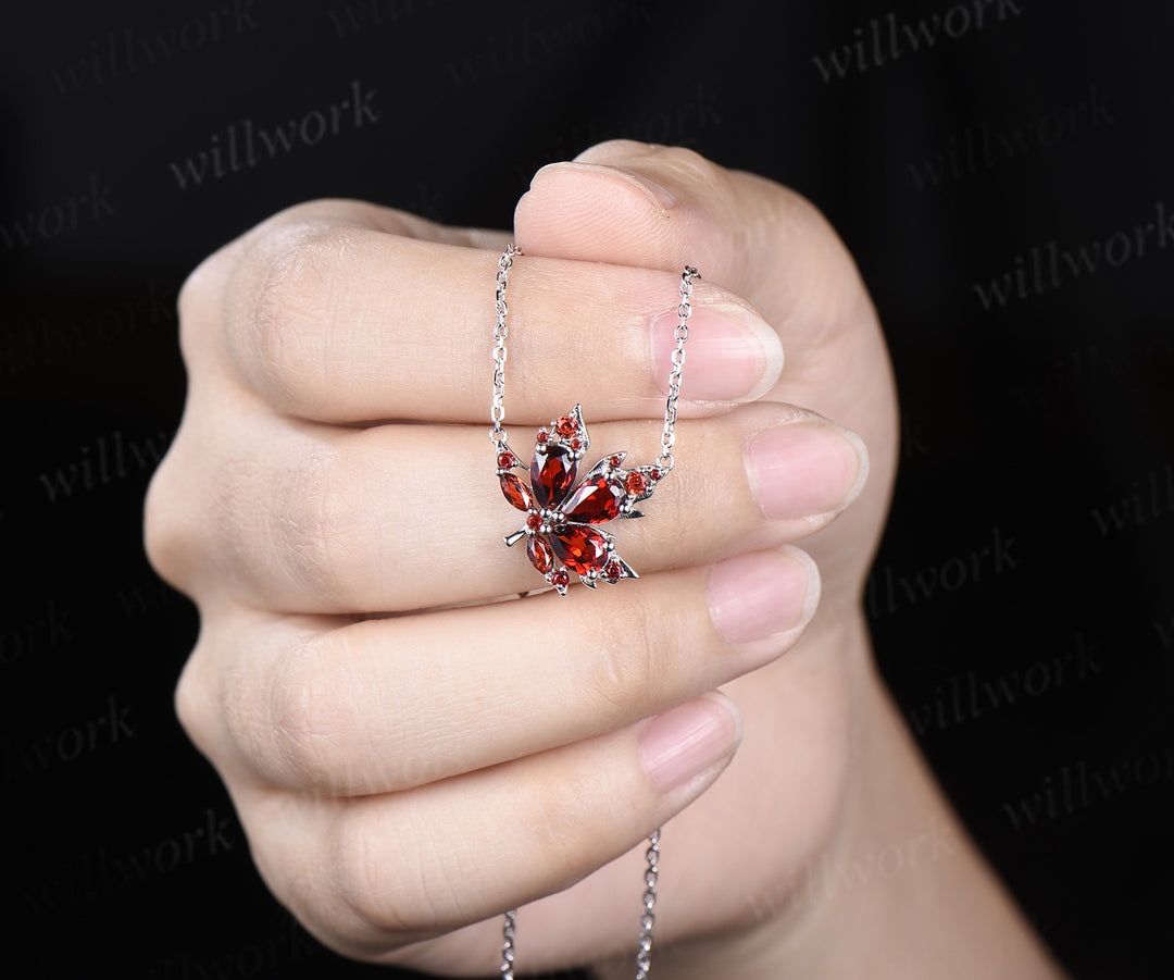 Pear garnet maple leaf pendant nature inspired 14k white gold/sterling silver necklace graduation birthday gifts for women
