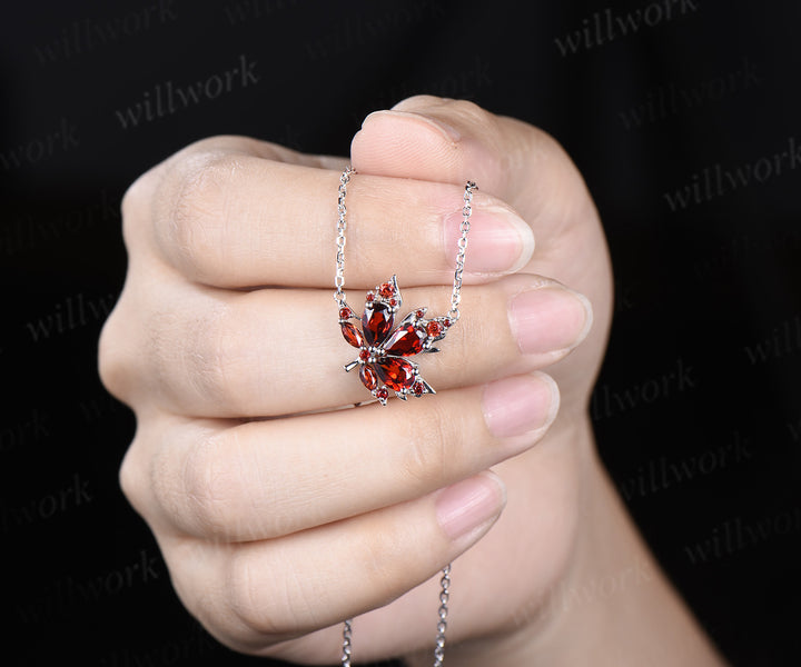 Pear garnet maple leaf pendant nature inspired 14k white gold/sterling silver necklace graduation birthday gifts for women