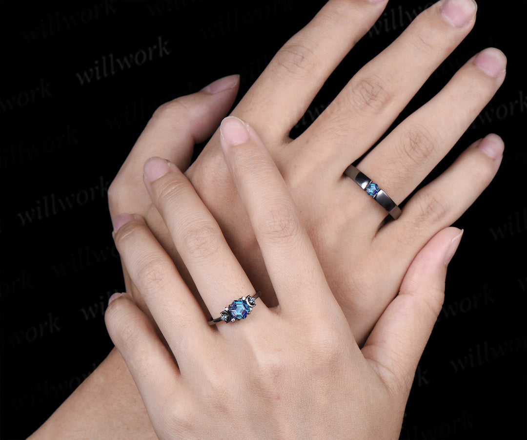 Hexagon Cut Alexandrite Art Deco Moon Engagement Ring & Matching Alexandrite Solitaire Wedding Ring Black Gold Unique Couple Ring Set
