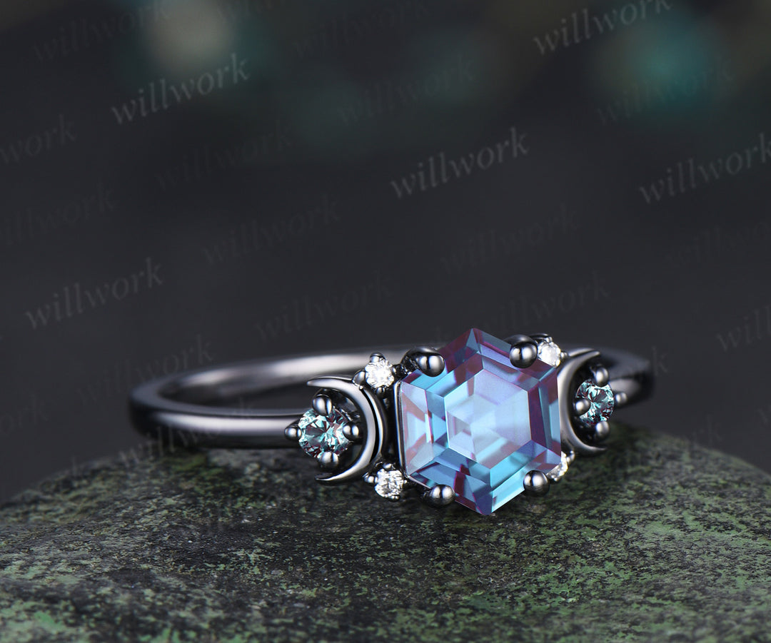 Hexagon Cut Alexandrite Art Deco Moon Engagement Ring & Matching Alexandrite Solitaire Wedding Ring Black Gold Unique Couple Ring Set